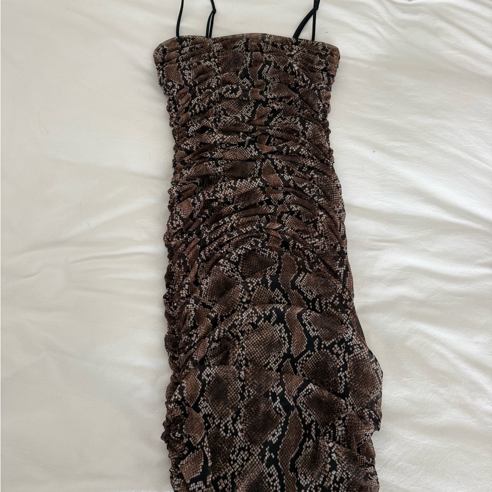 Babaton Brown & Black Snake-Print Ruched Strapless Dress
